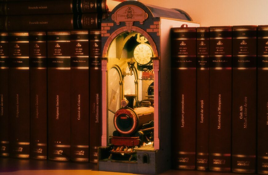 a room filled with lots of books and a clock