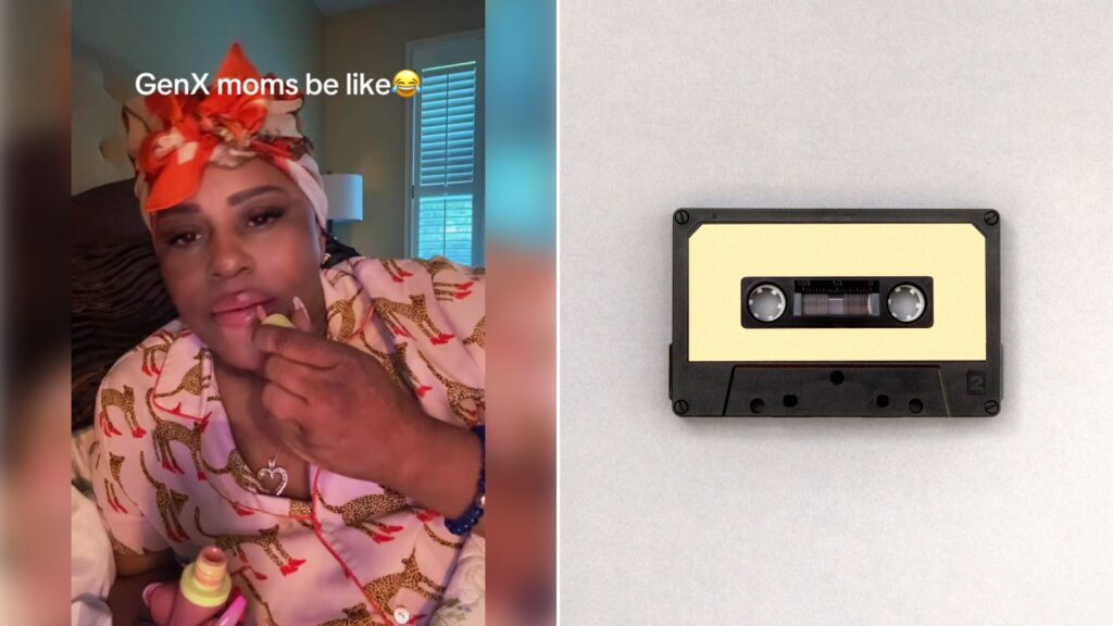 Split image: a woman in an orange head wrap and patterned top lounges in bed with the caption 'GenX moms be like', next to a vintage black audio cassette tape on a white background