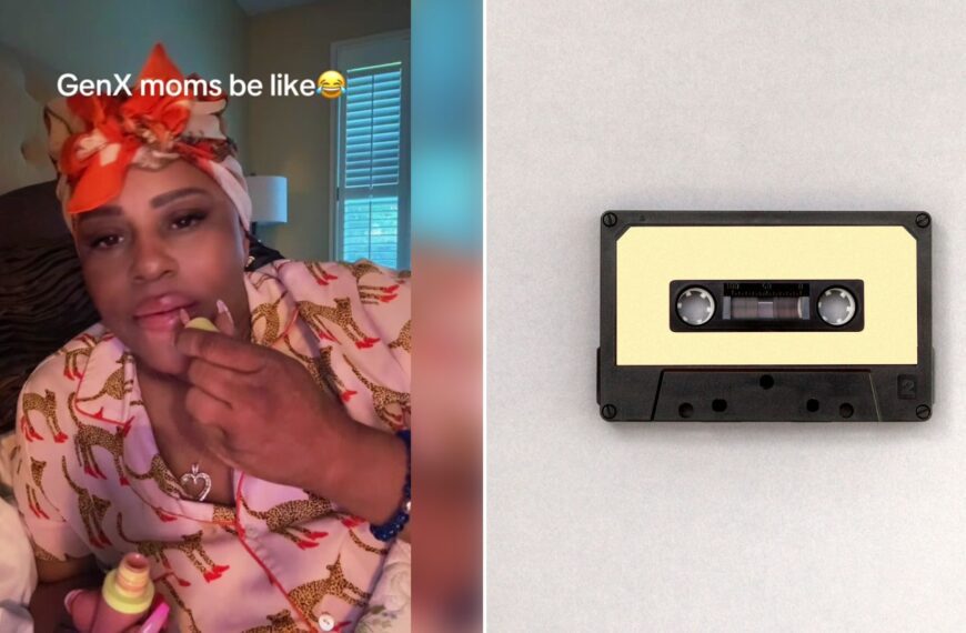 Split image: a woman in an orange head wrap and patterned top lounges in bed with the caption 'GenX moms be like', next to a vintage black audio cassette tape on a white background