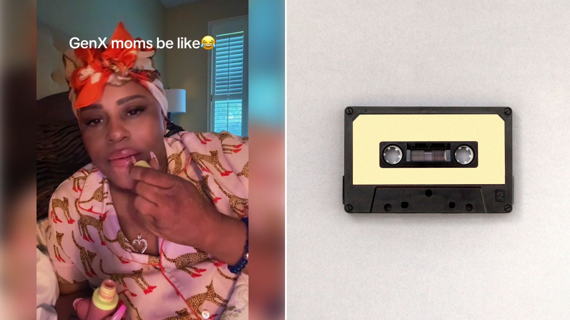 Split image: a woman in an orange head wrap and patterned top lounges in bed with the caption 'GenX moms be like', next to a vintage black audio cassette tape on a white background