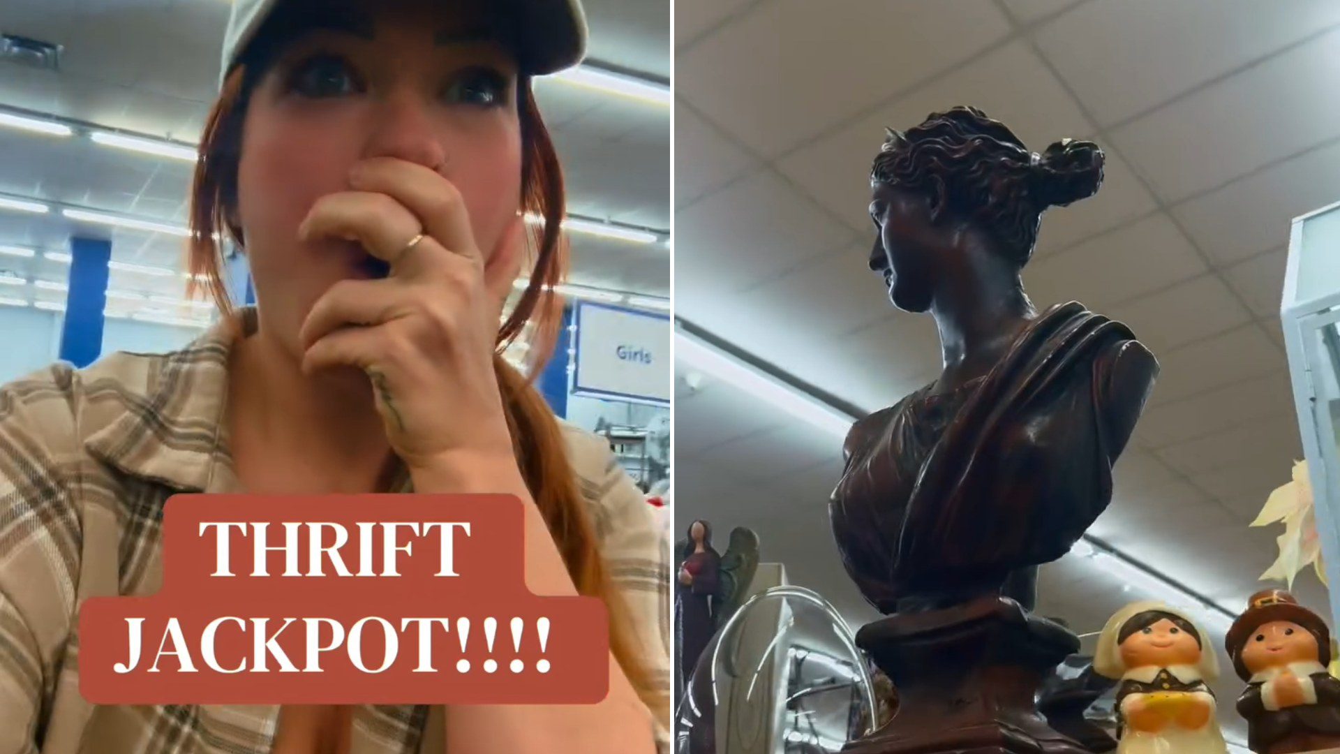 Thrifter reacting to her find, beside the carved wooden bust on a Goodwill shelf