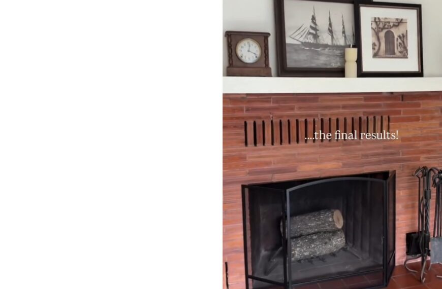 Flipper working on the uncovered brick fireplace beside the finished 1958 fireplace