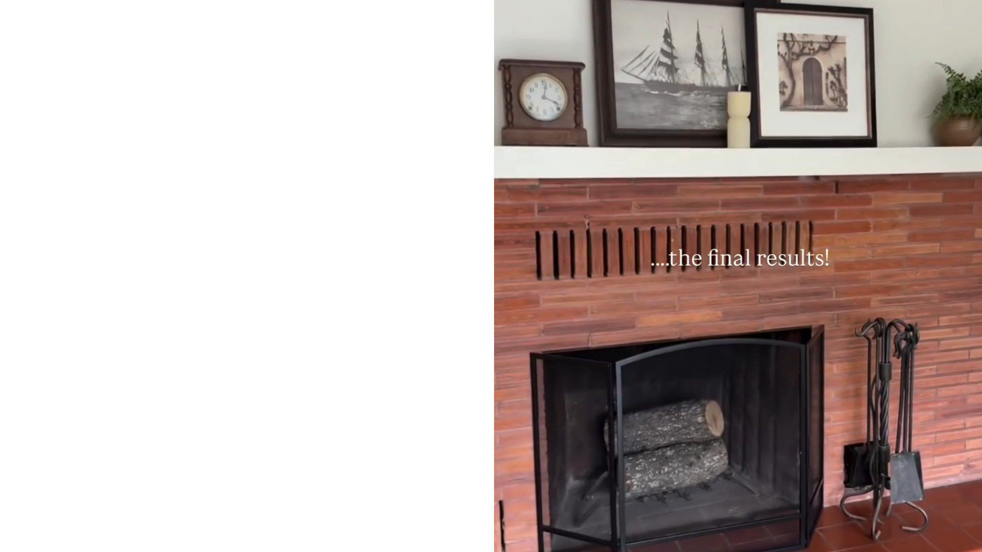Flipper working on the uncovered brick fireplace beside the finished 1958 fireplace