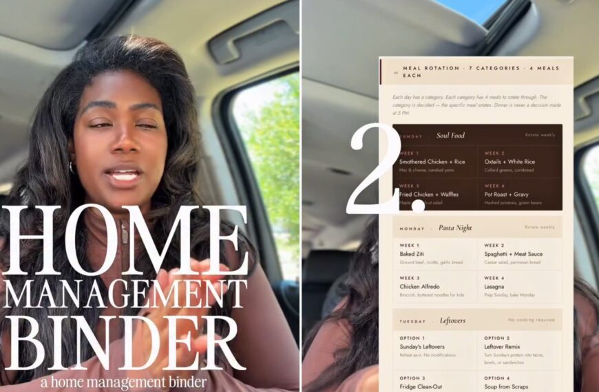 Creator explaining her home management binder, beside a page of her meal rotation section