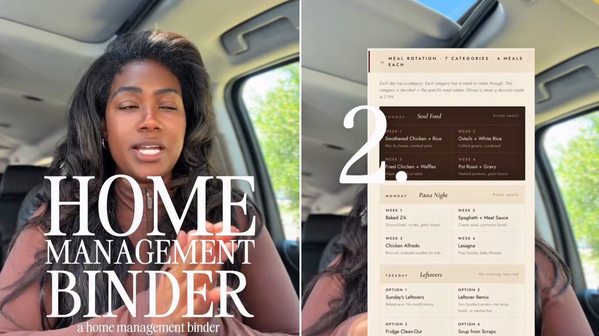 Creator explaining her home management binder, beside a page of her meal rotation section