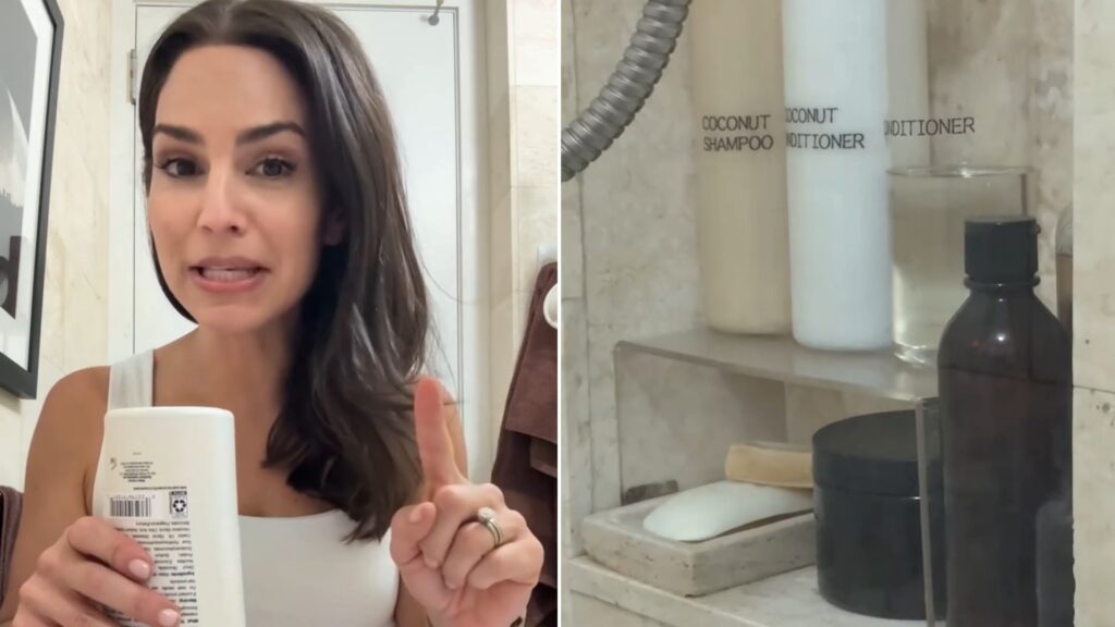 Organizer holding a shampoo bottle, beside labeled refillable bottles in a shower niche