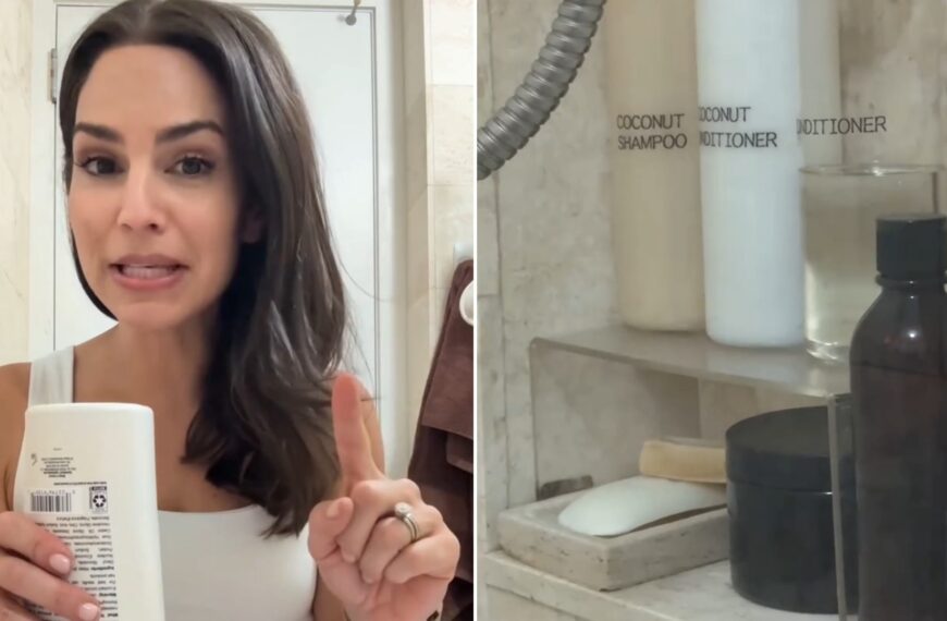 Organizer holding a shampoo bottle, beside labeled refillable bottles in a shower niche