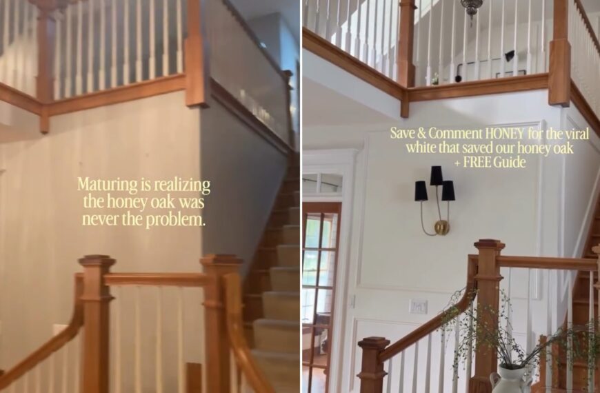 Honey oak staircase against gray walls, beside the same staircase after repainting the walls white