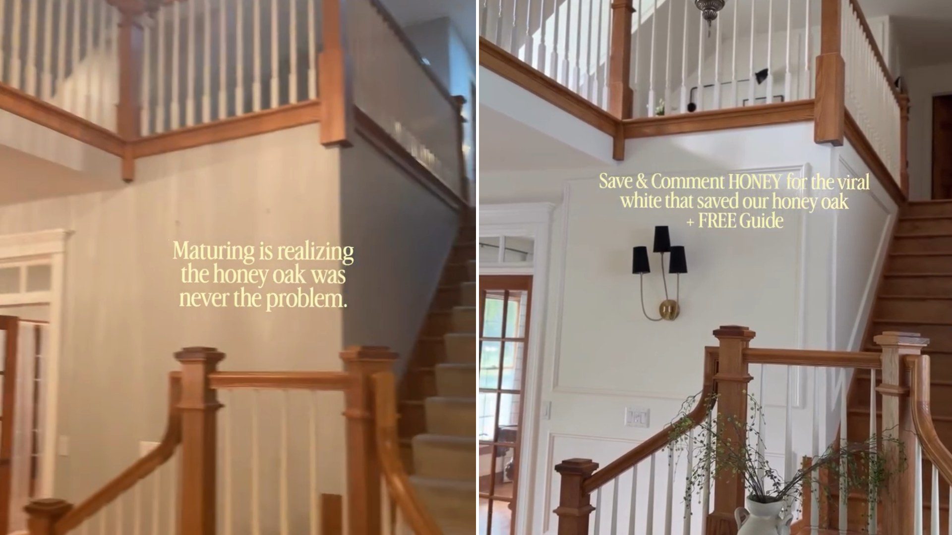 Honey oak staircase against gray walls, beside the same staircase after repainting the walls white