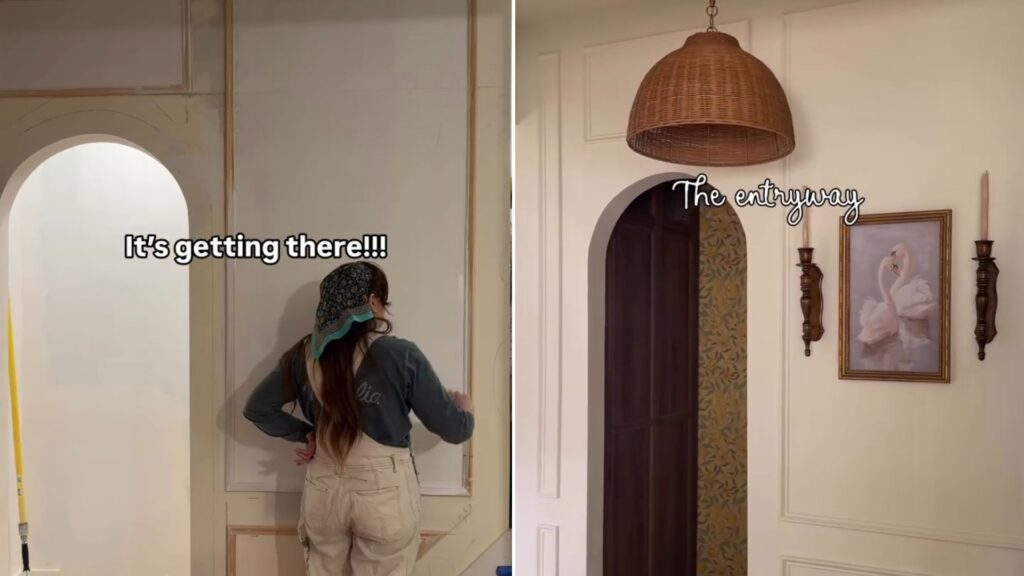Homeowner painting the new arched entryway wall, beside the finished entryway with wicker pendant and wallpapered arch