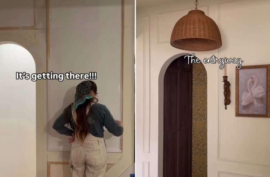 Homeowner painting the new arched entryway wall, beside the finished entryway with wicker pendant and wallpapered arch