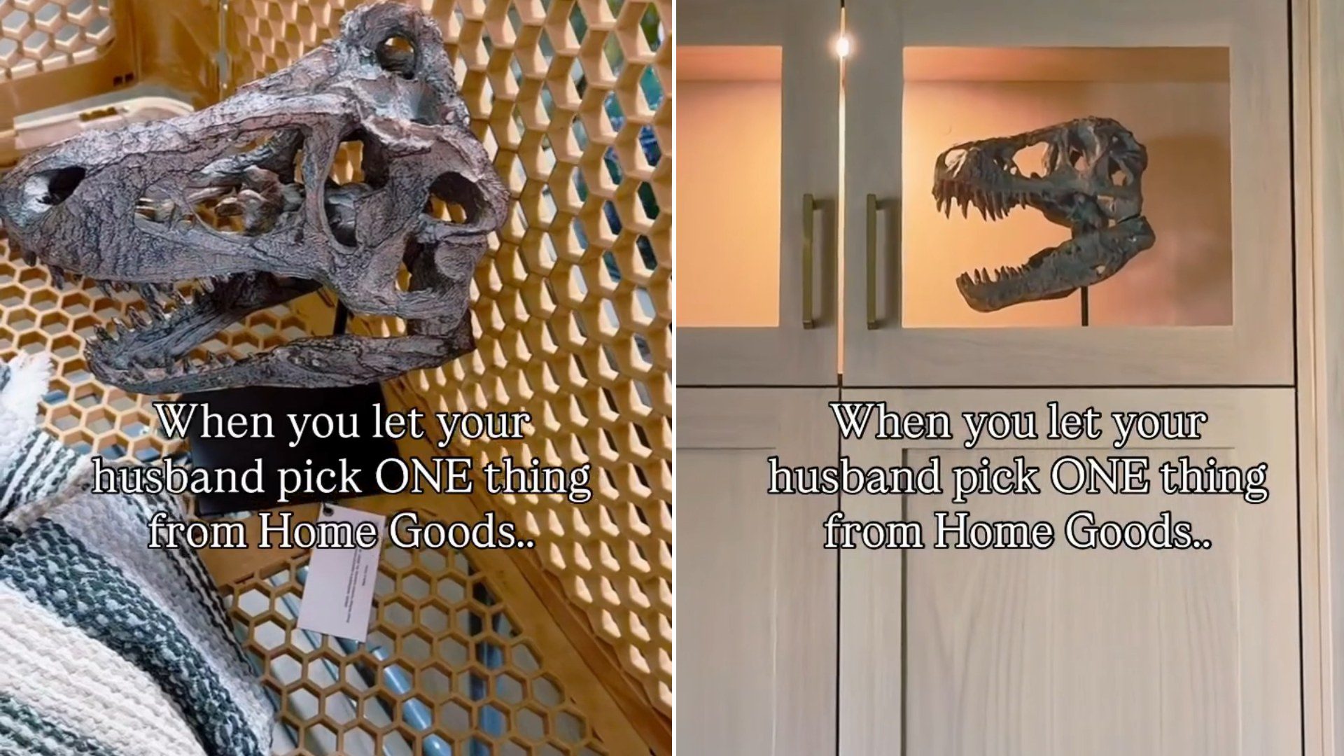 Replica dinosaur skull in a Home Goods cart, beside the same skull displayed in a lit kitchen cabinet