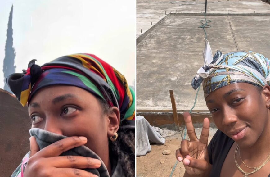 Two frames from the @lacedbyleas TikTok: left, the creator covering her face under a smoky sky during the Eaton Fire; right, her flashing a peace sign in front of the newly poured foundation slab