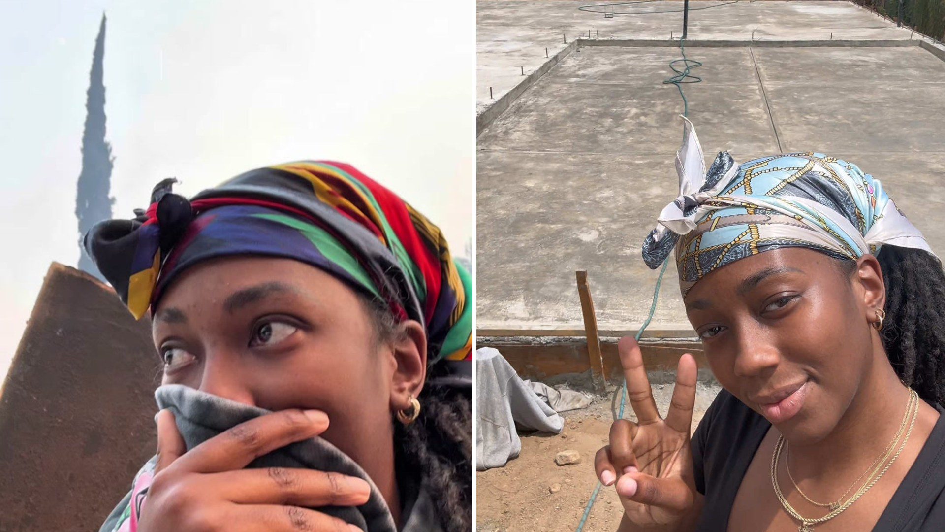 Two frames from the @lacedbyleas TikTok: left, the creator covering her face under a smoky sky during the Eaton Fire; right, her flashing a peace sign in front of the newly poured foundation slab