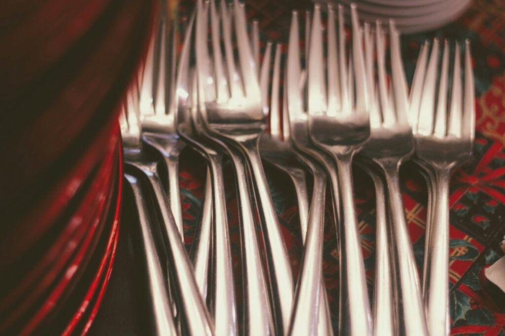 a group of silverware