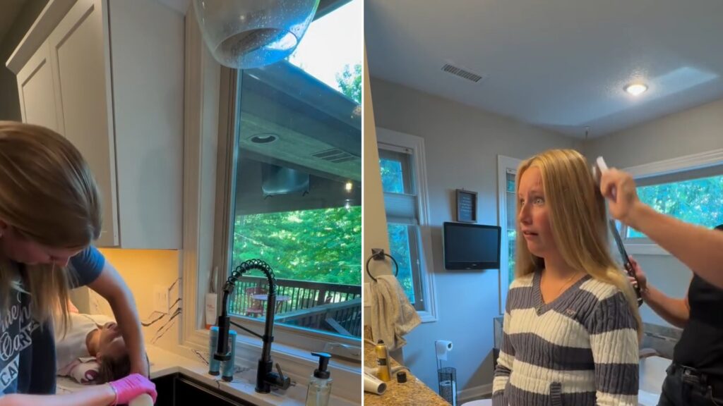 Split image from an Instagram reel: a mother rinses her daughter's hair in the kitchen sink, next to the daughter in a striped sweater getting her hair straightened