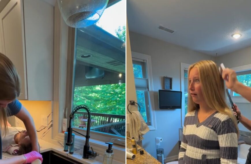Split image from an Instagram reel: a mother rinses her daughter's hair in the kitchen sink, next to the daughter in a striped sweater getting her hair straightened