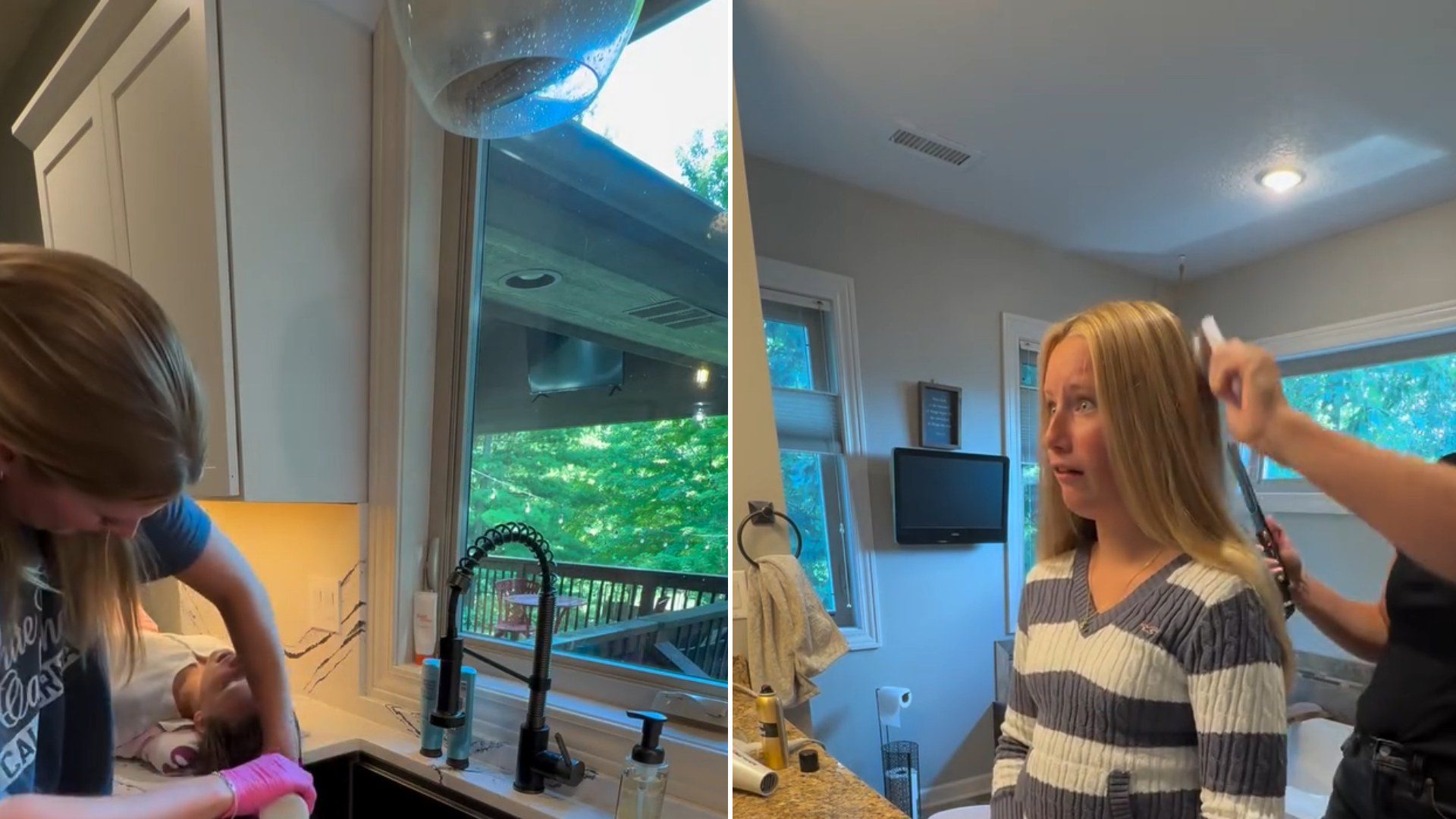 Split image from an Instagram reel: a mother rinses her daughter's hair in the kitchen sink, next to the daughter in a striped sweater getting her hair straightened
