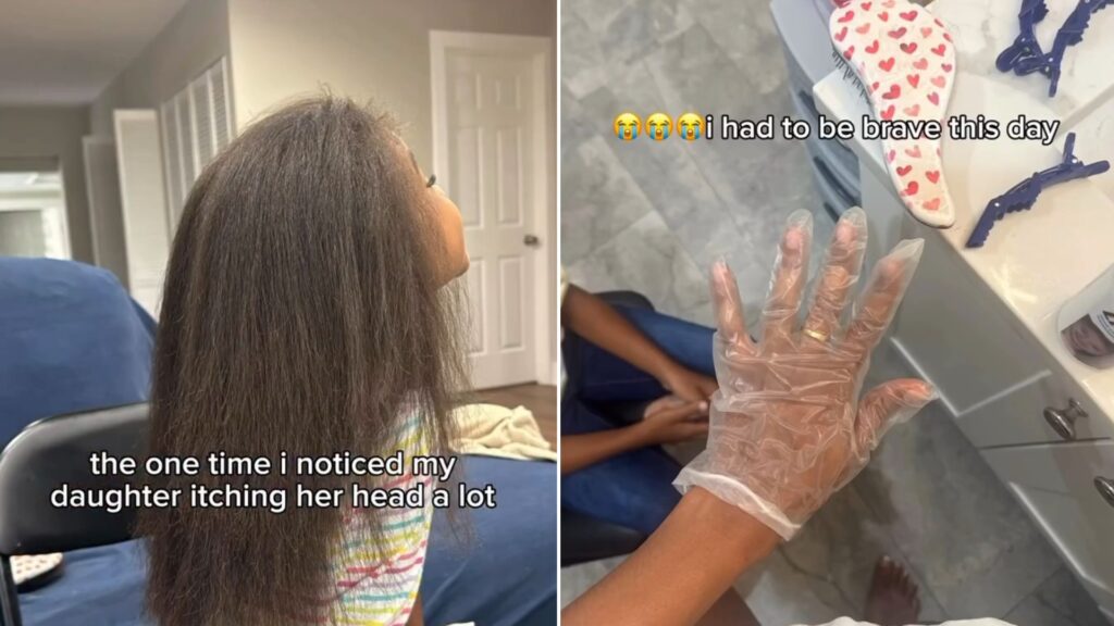 Daughter from behind while her mom checks her hair, beside the mom's gloved hand during the lice treatment