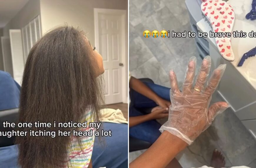 Daughter from behind while her mom checks her hair, beside the mom's gloved hand during the lice treatment