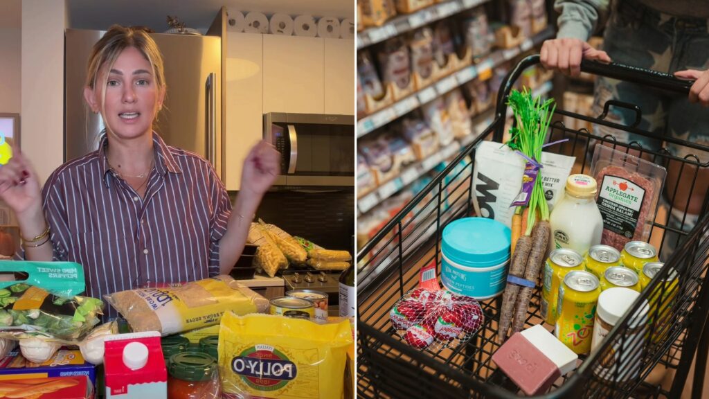 Split image: a woman in a striped shirt gestures in her kitchen behind a counter piled with groceries, next to a person pushing a shopping cart full of produce and packaged food down a store aisle