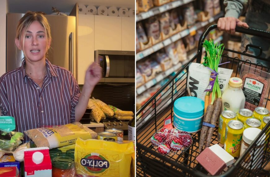 Split image: a woman in a striped shirt gestures in her kitchen behind a counter piled with groceries, next to a person pushing a shopping cart full of produce and packaged food down a store aisle