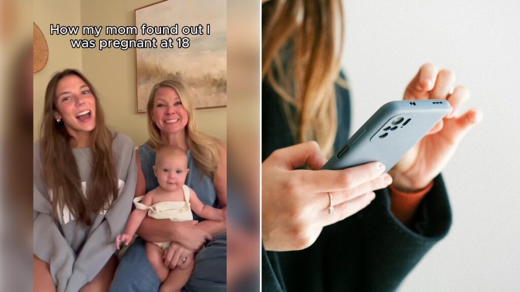 Split image: a young woman laughs beside her mother, who holds a baby on her lap, with the caption 'How my mom found out I was pregnant at 18', next to a close-up of a woman's hands holding a smartphone