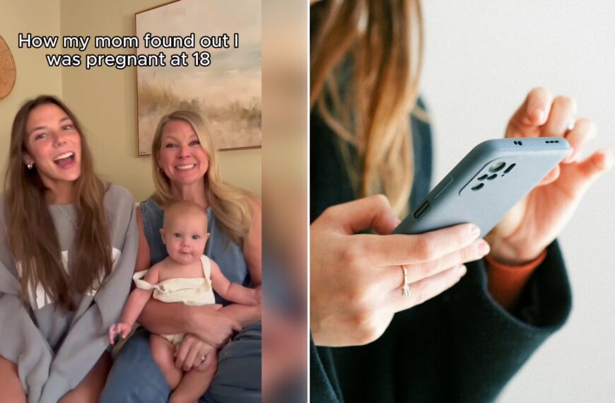 Split image: a young woman laughs beside her mother, who holds a baby on her lap, with the caption 'How my mom found out I was pregnant at 18', next to a close-up of a woman's hands holding a smartphone