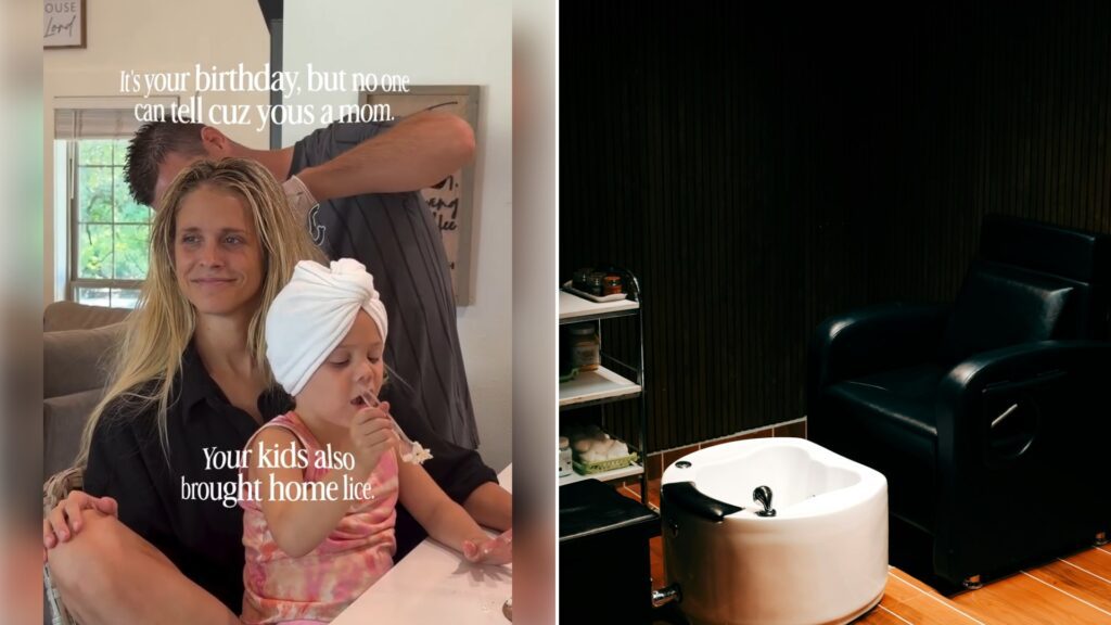 Split image: a mother sits with her young daughter, whose hair is wrapped in a white towel, while a man combs the mother's hair, with captions reading 'It's your birthday, but no one can tell cuz you's a mom' and 'Your kids also brought home lice', next to a black pedicure chair beside a white foot bath