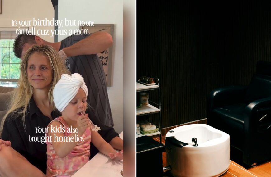 Split image: a mother sits with her young daughter, whose hair is wrapped in a white towel, while a man combs the mother's hair, with captions reading 'It's your birthday, but no one can tell cuz you's a mom' and 'Your kids also brought home lice', next to a black pedicure chair beside a white foot bath