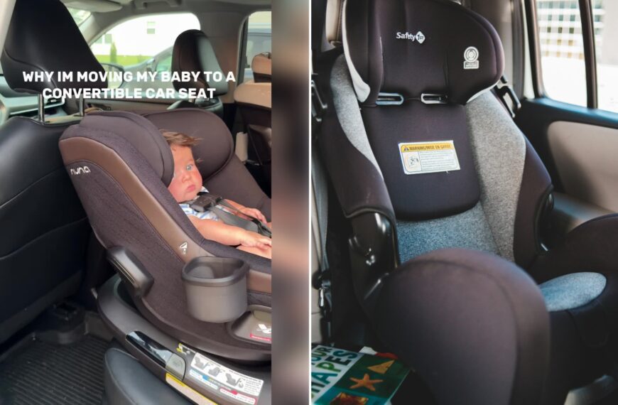 Split image: an infant sits in a brown rotating car seat in the back of a car with the caption 'Why I'm moving my baby to a convertible car seat', next to an empty gray and black child car seat installed in a back seat