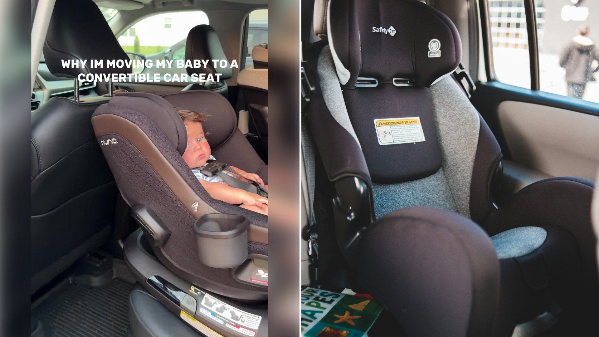 Split image: an infant sits in a brown rotating car seat in the back of a car with the caption 'Why I'm moving my baby to a convertible car seat', next to an empty gray and black child car seat installed in a back seat