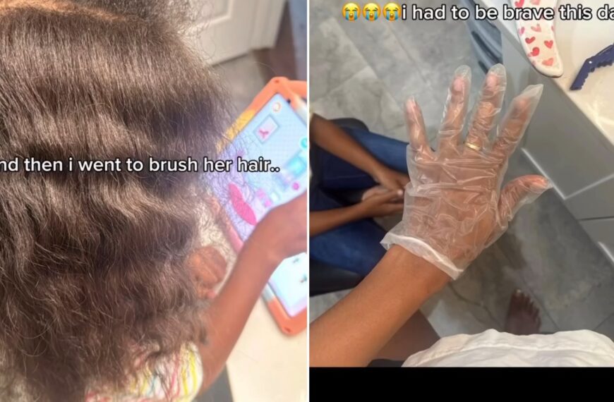 Split image from an Instagram reel: the back of a girl's curly hair with the caption 'and then i went to brush her hair..', next to a gloved hand held over a bathroom counter with the caption 'i had to be brave this day'
