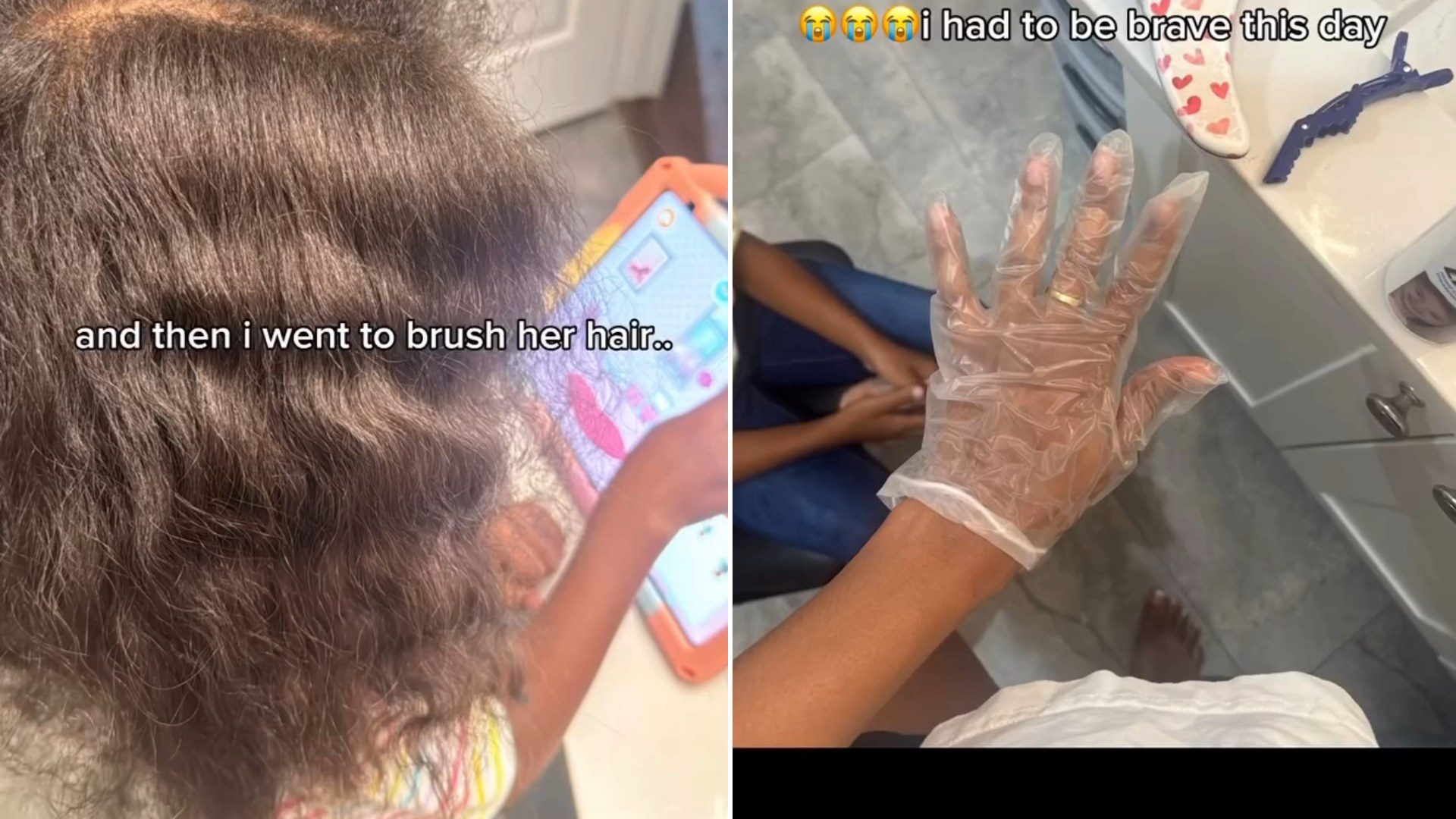 Split image from an Instagram reel: the back of a girl's curly hair with the caption 'and then i went to brush her hair..', next to a gloved hand held over a bathroom counter with the caption 'i had to be brave this day'