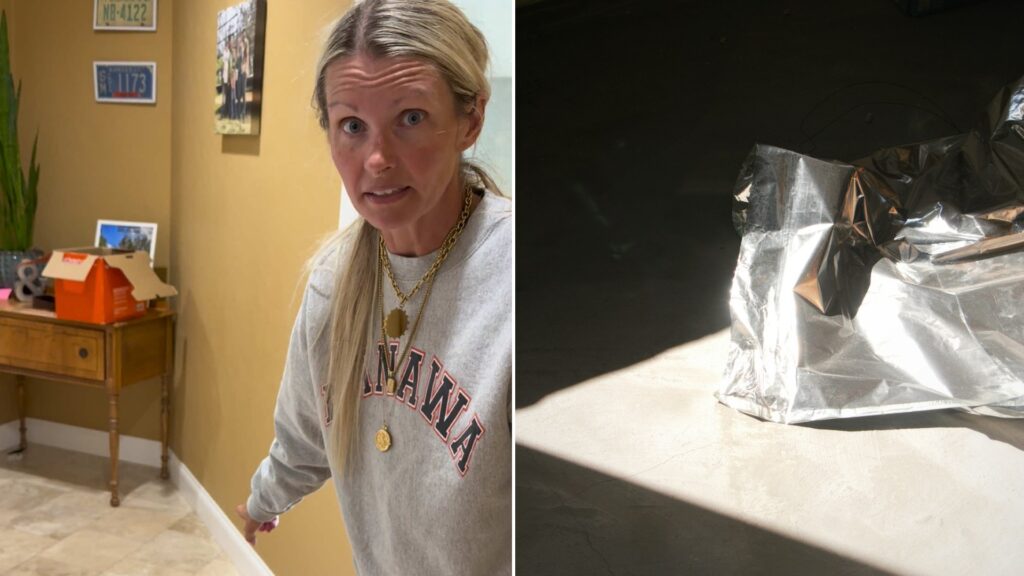 Split image: a blonde woman in a gray sweatshirt stares at the camera in a hallway while pointing at the floor, next to a crumpled shiny wrapper lying on a bare floor