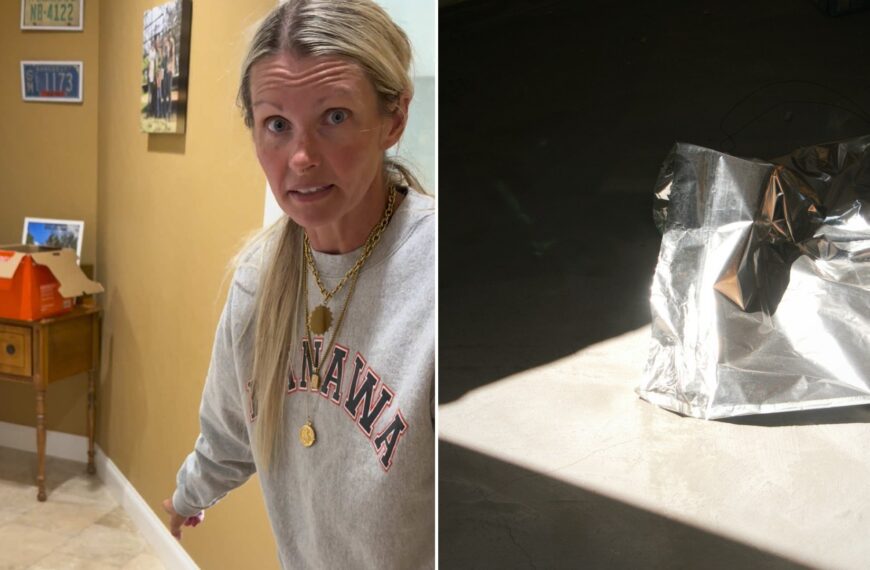 Split image: a blonde woman in a gray sweatshirt stares at the camera in a hallway while pointing at the floor, next to a crumpled shiny wrapper lying on a bare floor