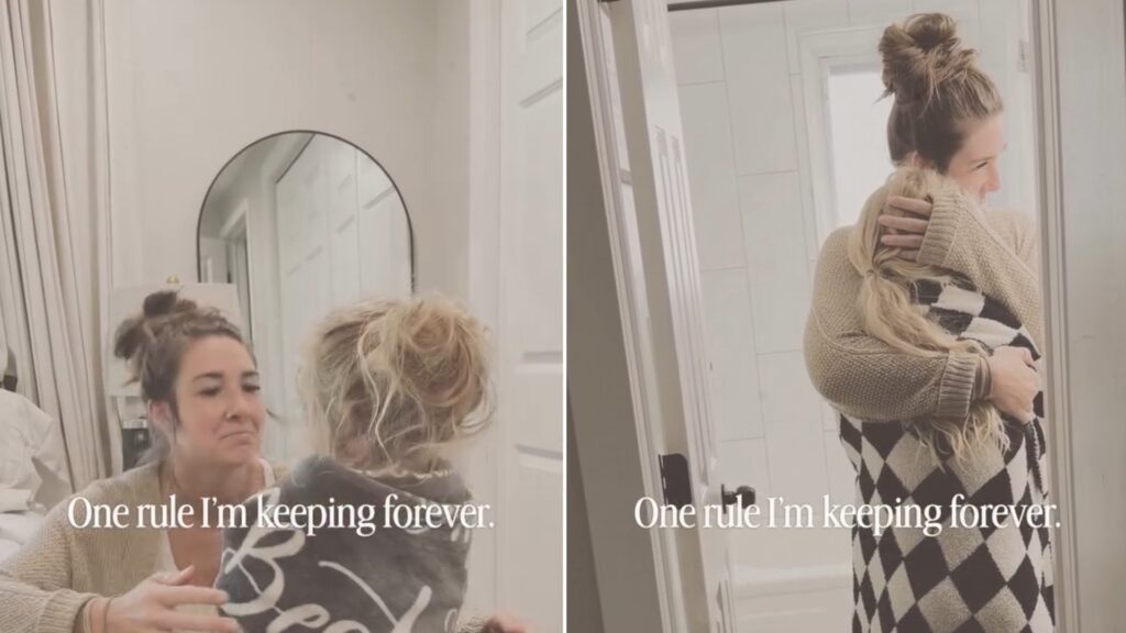 Split image from an Instagram reel: a mother kneels to greet her curly-haired child in front of a mirror with the caption 'One rule I'm keeping forever.', next to her hugging her child in a doorway