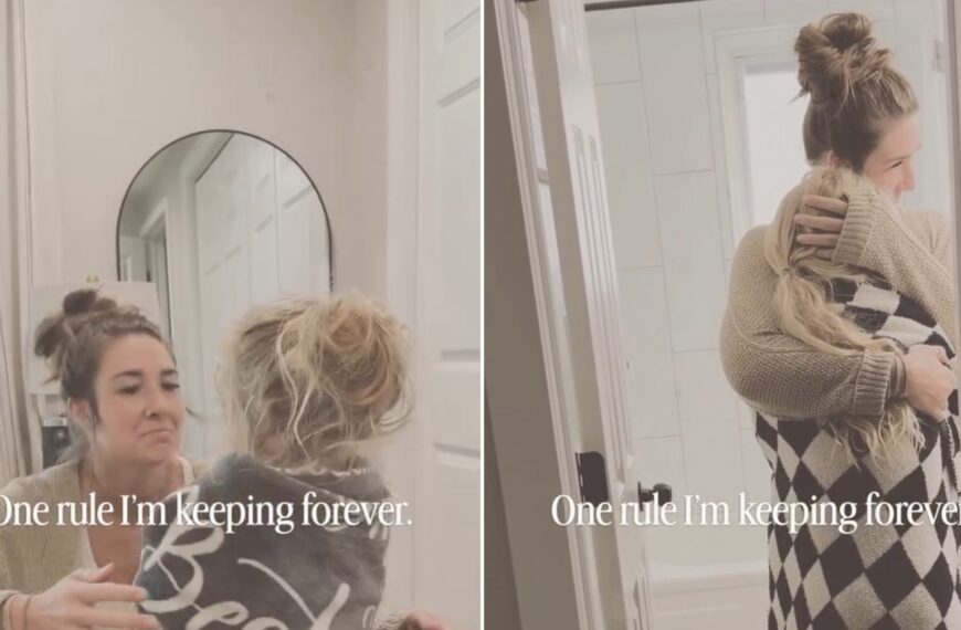 Split image from an Instagram reel: a mother kneels to greet her curly-haired child in front of a mirror with the caption 'One rule I'm keeping forever.', next to her hugging her child in a doorway