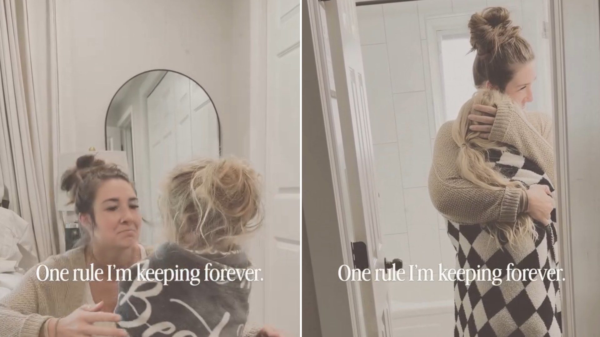 Split image from an Instagram reel: a mother kneels to greet her curly-haired child in front of a mirror with the caption 'One rule I'm keeping forever.', next to her hugging her child in a doorway