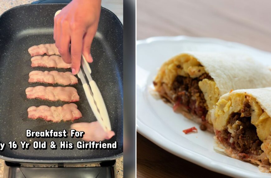 Split image: a hand lays strips of bacon on an electric griddle with the caption 'Breakfast for my 16 yr old & his girlfriend', next to two halves of a breakfast burrito on a white plate