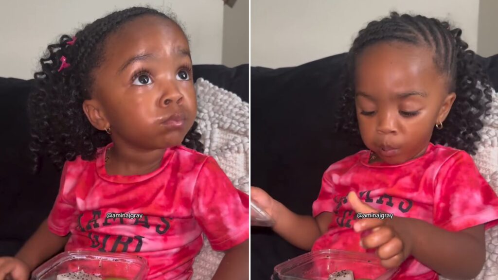 Split image from an Instagram reel: a toddler girl with curly pigtails in a pink tie-dye shirt looks up while sitting on a couch, next to her looking down into a container of grapes
