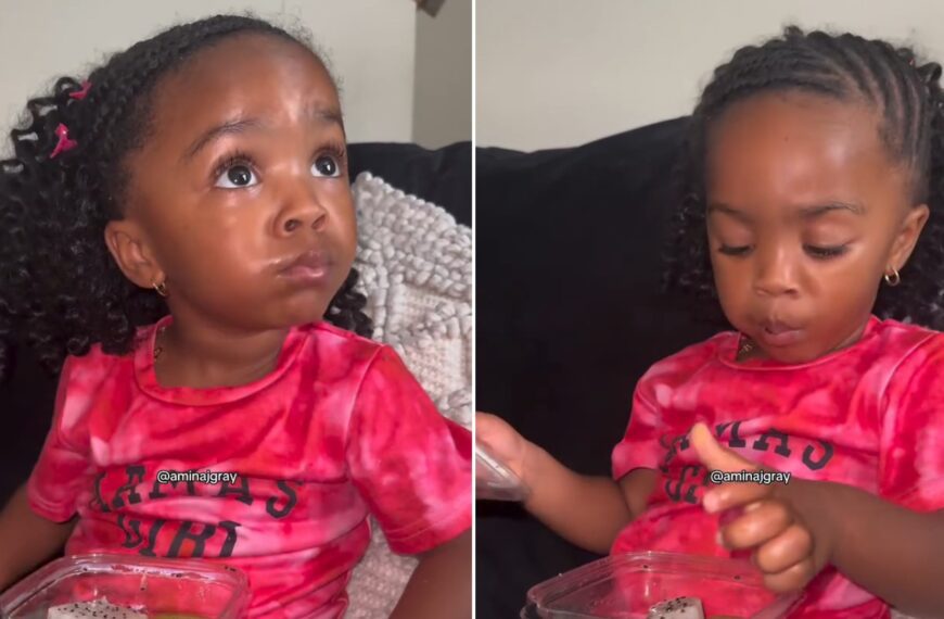 Split image from an Instagram reel: a toddler girl with curly pigtails in a pink tie-dye shirt looks up while sitting on a couch, next to her looking down into a container of grapes