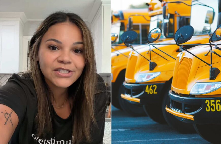 Split image: a woman in a dark T-shirt leans toward the camera in her kitchen, next to the front ends of several yellow school buses parked in a row