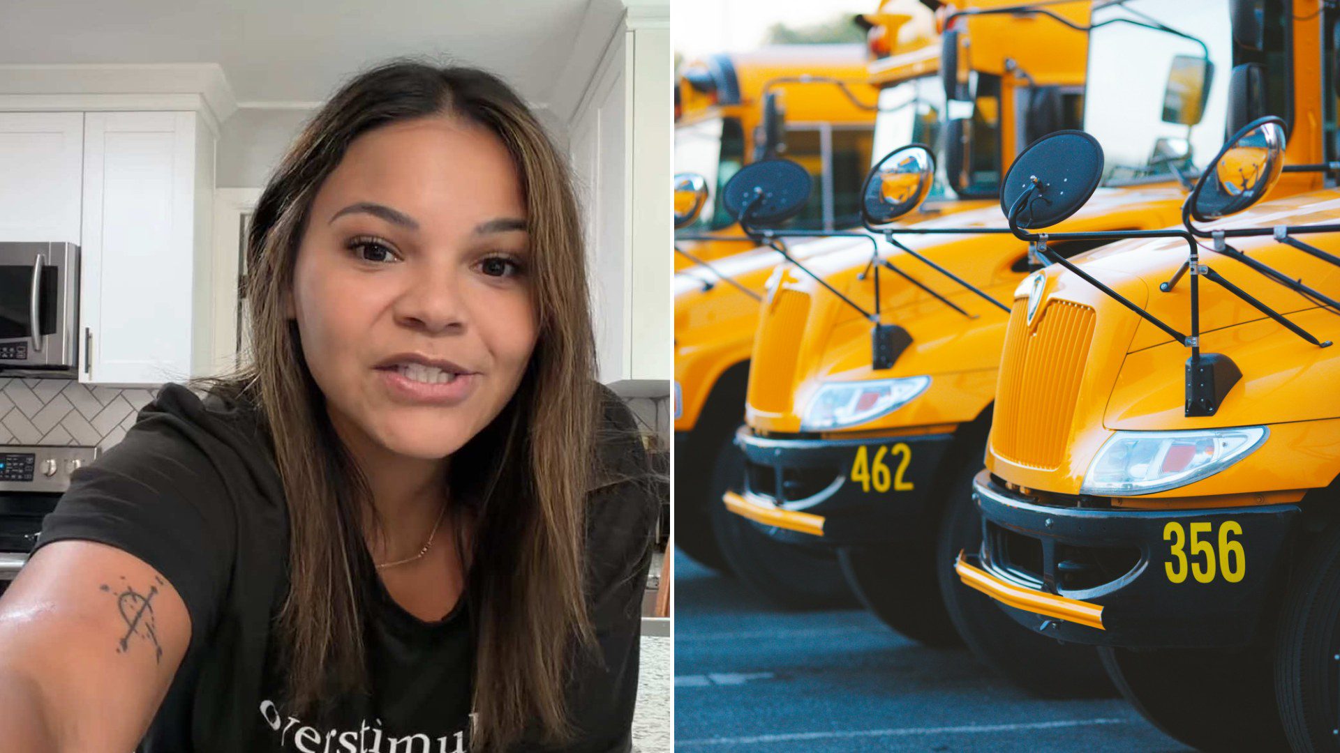Split image: a woman in a dark T-shirt leans toward the camera in her kitchen, next to the front ends of several yellow school buses parked in a row