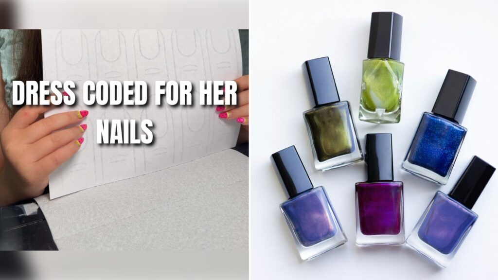 Split image: a girl's hands with pink painted nails hold a school dress-code notice with the caption 'DRESS CODED FOR HER NAILS', next to six bottles of green, blue and purple nail polish on a white surface