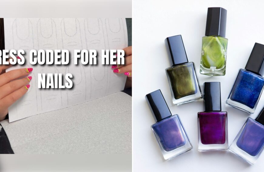 Split image: a girl's hands with pink painted nails hold a school dress-code notice with the caption 'DRESS CODED FOR HER NAILS', next to six bottles of green, blue and purple nail polish on a white surface