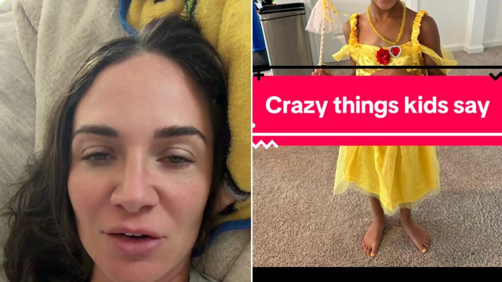 Split image from a TikTok: a dark-haired mother lying on a pillow talks to camera, next to a young girl in a yellow princess dress seen from the neck down with a 'Crazy things kids say' banner