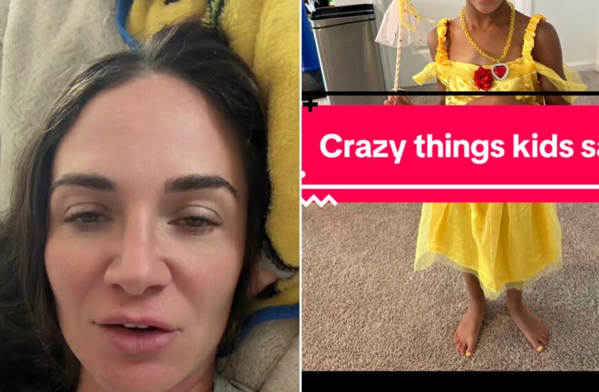 Split image from a TikTok: a dark-haired mother lying on a pillow talks to camera, next to a young girl in a yellow princess dress seen from the neck down with a 'Crazy things kids say' banner