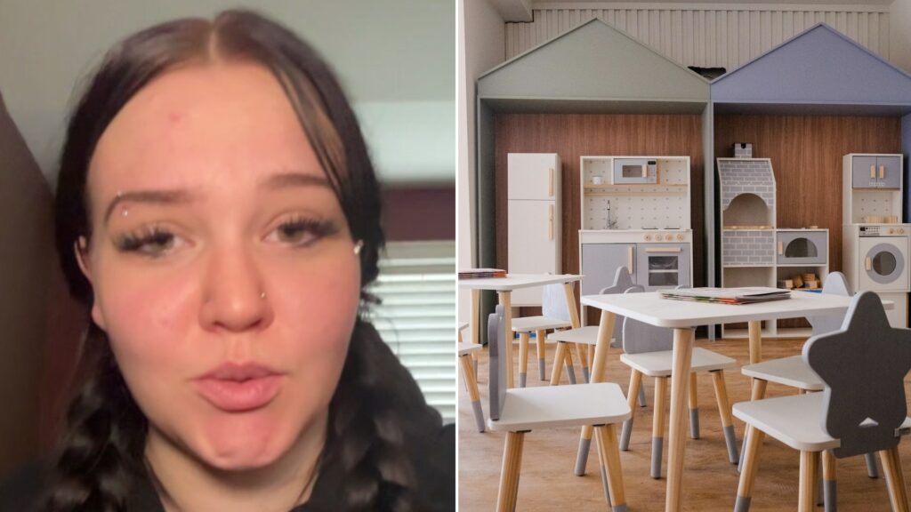 Split image: a young mother with braided pigtails talks to camera with a sad expression, next to an empty children's play area with a toy kitchen and small white tables and chairs