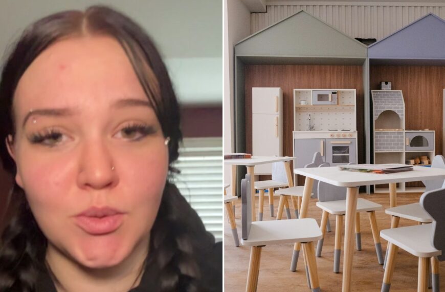 Split image: a young mother with braided pigtails talks to camera with a sad expression, next to an empty children's play area with a toy kitchen and small white tables and chairs